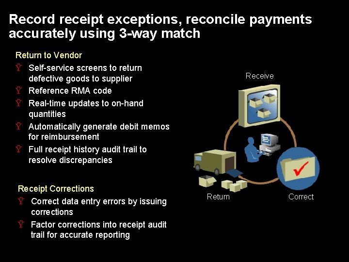 Record receipt exceptions, reconcile payments accurately using 3 -way match Return to Vendor Ÿ