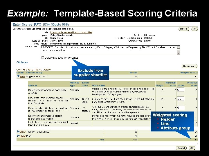 Example: Template-Based Scoring Criteria Exclude from supplier shortlist Weighted scoring • Header • Line