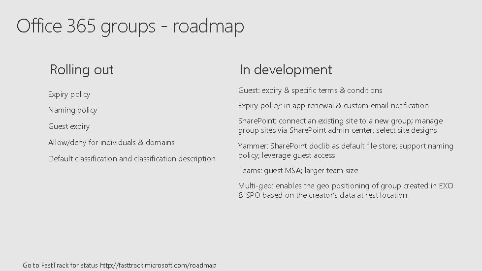 Office 365 groups - roadmap Rolling out In development Expiry policy Guest: expiry &
