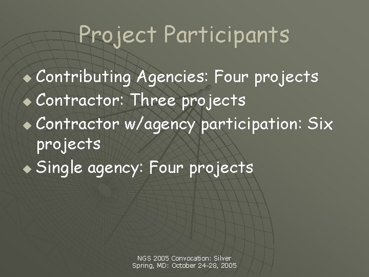 Project Participants Contributing Agencies: Four projects u Contractor: Three projects u Contractor w/agency participation: