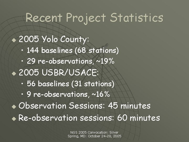 Recent Project Statistics u 2005 Yolo County: • 144 baselines (68 stations) • 29