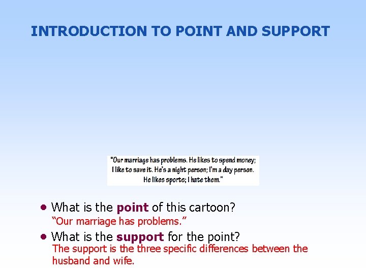 INTRODUCTION TO POINT AND SUPPORT • What is the point of this cartoon? “Our