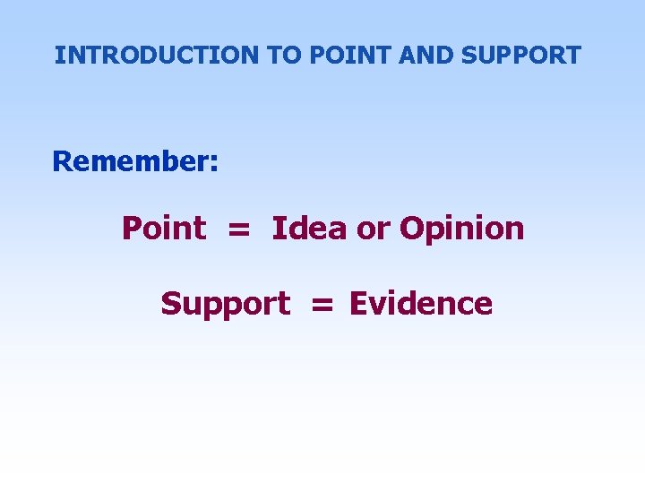 INTRODUCTION TO POINT AND SUPPORT Remember: Point = Idea or Opinion Support = Evidence