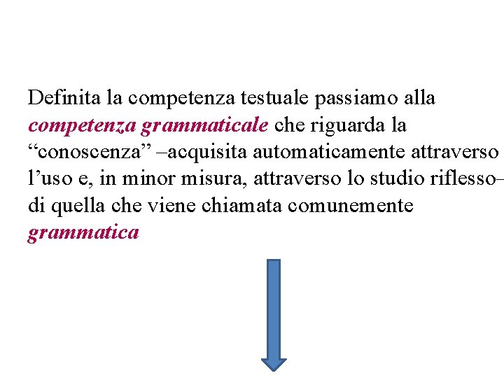 Definita la competenza testuale passiamo alla competenza grammaticale che riguarda la “conoscenza” –acquisita automaticamente