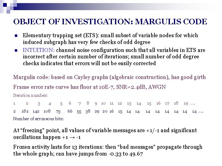 OBJECT OF INVESTIGATION: MARGULIS CODE n n Elementary trapping set (ETS): small subset of