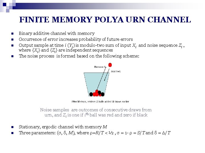 FINITE MEMORY POLYA URN CHANNEL n n Binary additive channel with memory Occurrence of