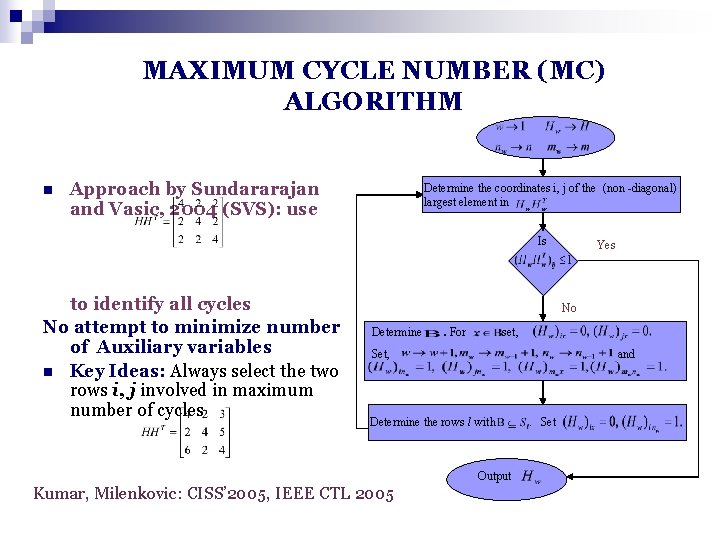 MAXIMUM CYCLE NUMBER (MC) ALGORITHM n Approach by Sundararajan and Vasic, 2004 (SVS): use