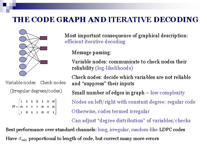 THE CODE GRAPH AND ITERATIVE DECODING Most important consequence of graphical description: efficient iterative