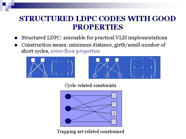 STRUCTURED LDPC CODES WITH GOOD PROPERTIES n n Structured LDPC: amenable for practical VLSI