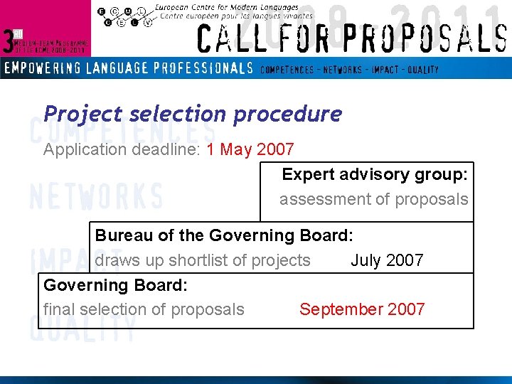 Project selection procedure Application deadline: 1 May 2007 Expert advisory group: assessment of proposals