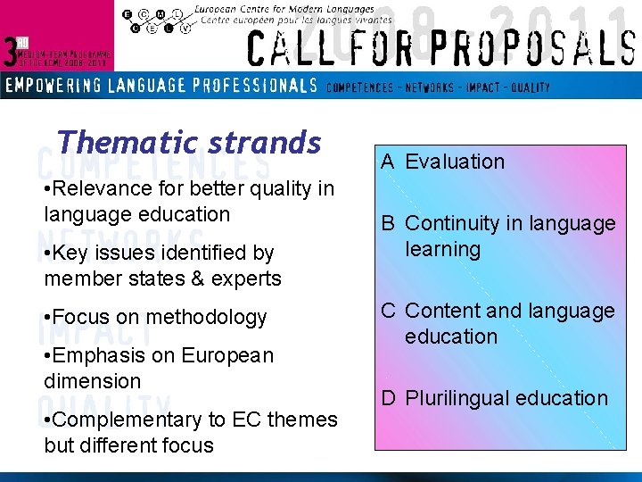 Thematic strands • Relevance for better quality in language education • Key issues identified