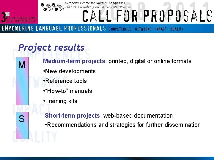 Project results M Medium-term projects: printed, digital or online formats • New developments •