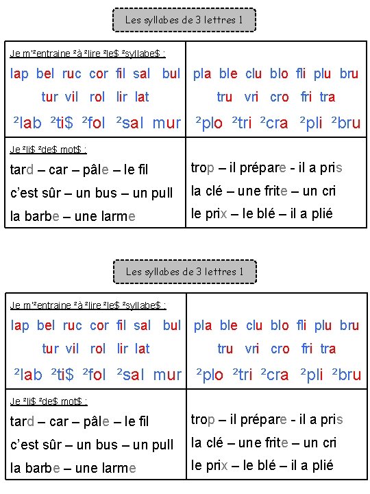 Les syllabes de 3 lettres 1 Je m’²entraine ²à ²lire ²le$ ²syllabe$ : lap