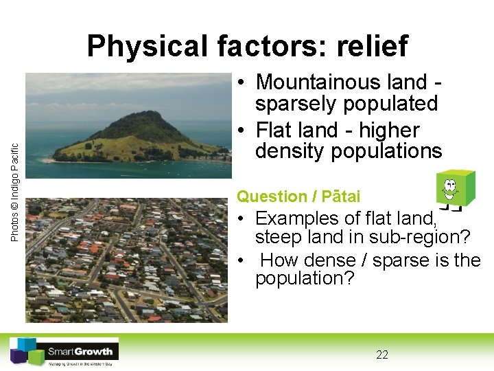 Photos © Indigo Pacific Physical factors: relief • Mountainous land sparsely populated • Flat