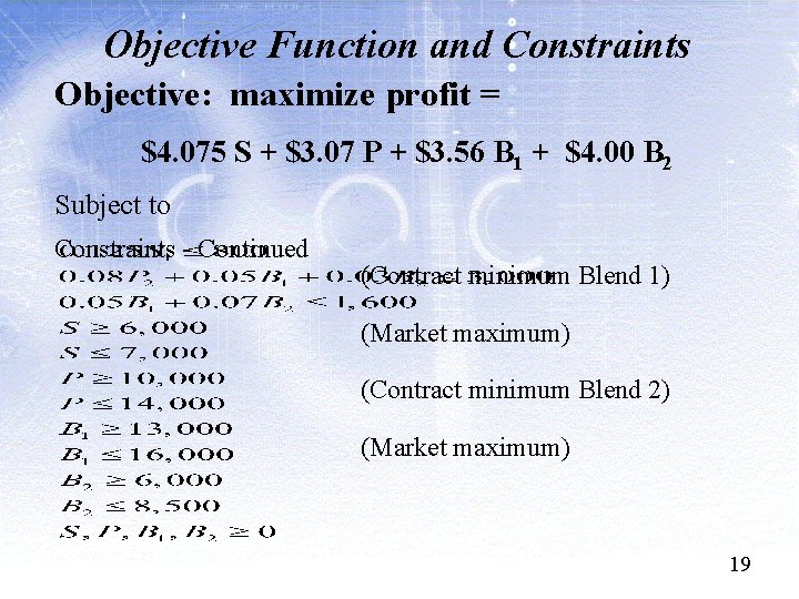 Objective Function and Constraints Objective: maximize profit = $4. 075 S + $3. 07 Objective Function and Constraints Objective: maximize profit = $4. 075 S + $3. 07