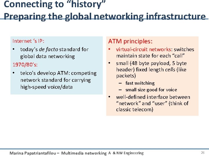 Connecting to “history” Preparing the global networking infrastructure Internet ‘s IP: • today’s de