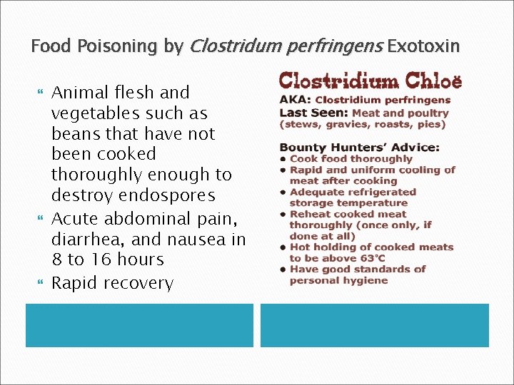 Food Poisoning by Clostridum perfringens Exotoxin Animal flesh and vegetables such as beans that