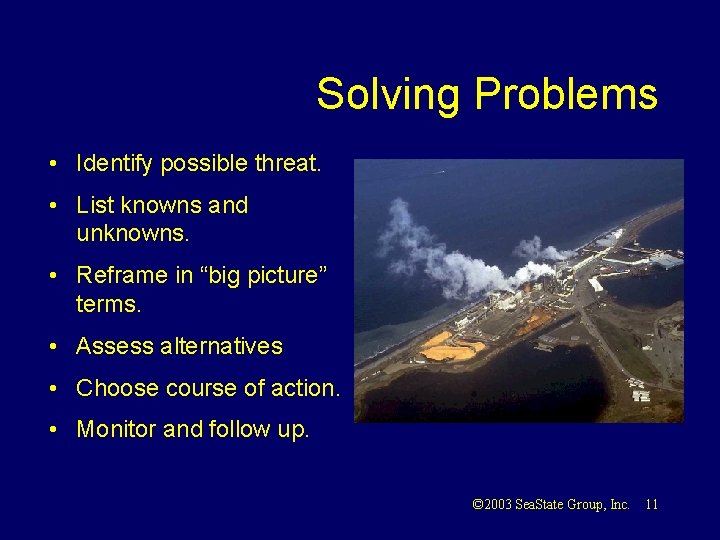 Solving Problems • Identify possible threat. • List knowns and unknowns. • Reframe in