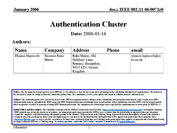 January 2006 doc. : IEEE 802. 11 -06/0071 r 0 Authentication Cluster Date: 2006