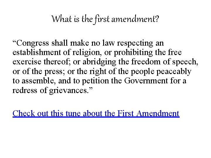 What is the first amendment? “Congress shall make no law respecting an establishment of