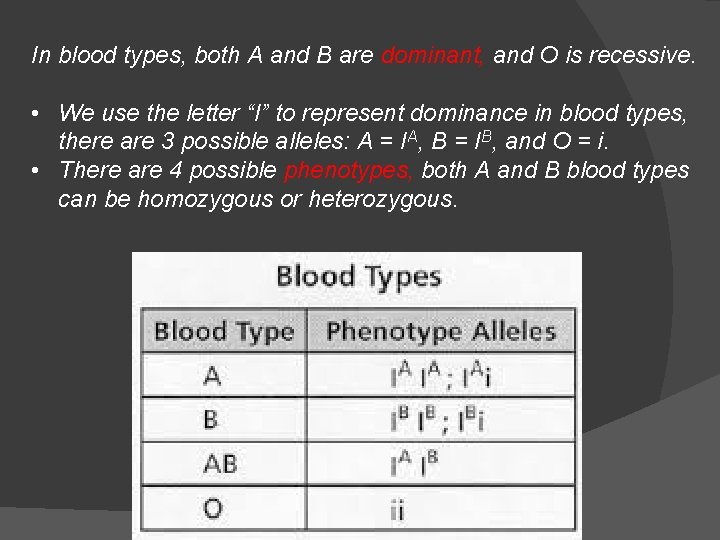 In blood types, both A and B are dominant, and O is recessive. •