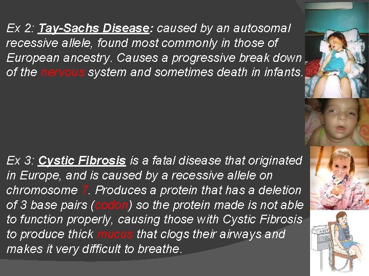 Ex 2: Tay-Sachs Disease: caused by an autosomal recessive allele, found most commonly in