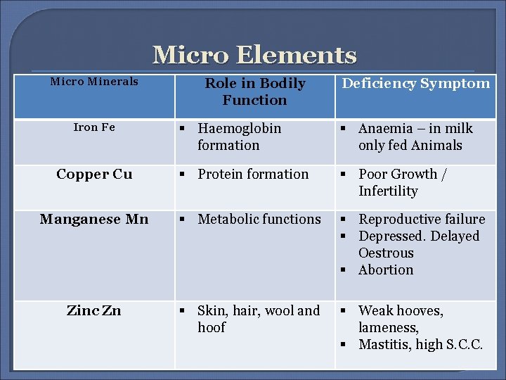 Micro Elements Micro Minerals Iron Fe Role in Bodily Function Deficiency Symptom Haemoglobin formation