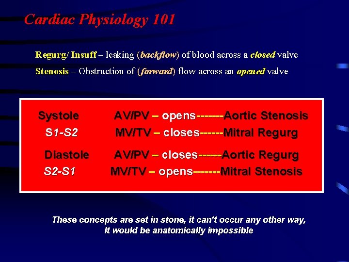 Cardiac Physiology 101 Regurg/ Insuff – leaking (backflow) of blood across a closed valve Cardiac Physiology 101 Regurg/ Insuff – leaking (backflow) of blood across a closed valve