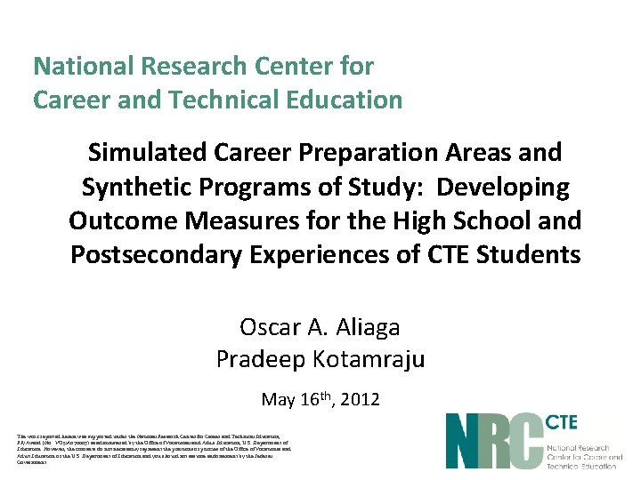 National Research Center for Career and Technical Education Simulated Career Preparation Areas and Synthetic