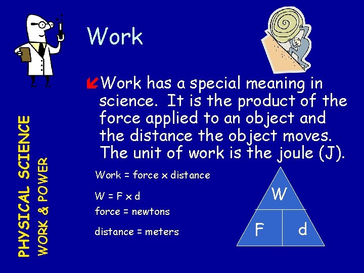 WORK & POWER PHYSICAL SCIENCE Work has a special meaning in science. It is