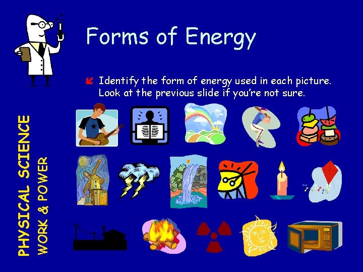 Forms of Energy WORK & POWER PHYSICAL SCIENCE Identify the form of energy used