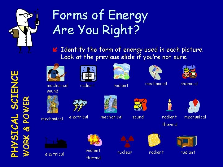 Forms of Energy Are You Right? mechanical sound WORK & POWER PHYSICAL SCIENCE Identify