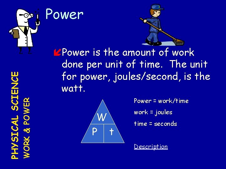  Power is the amount of work done per unit of time. The unit