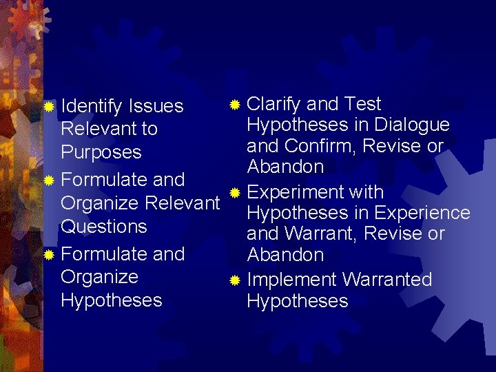 ® Clarify and Test Issues Hypotheses in Dialogue Relevant to and Confirm, Revise or