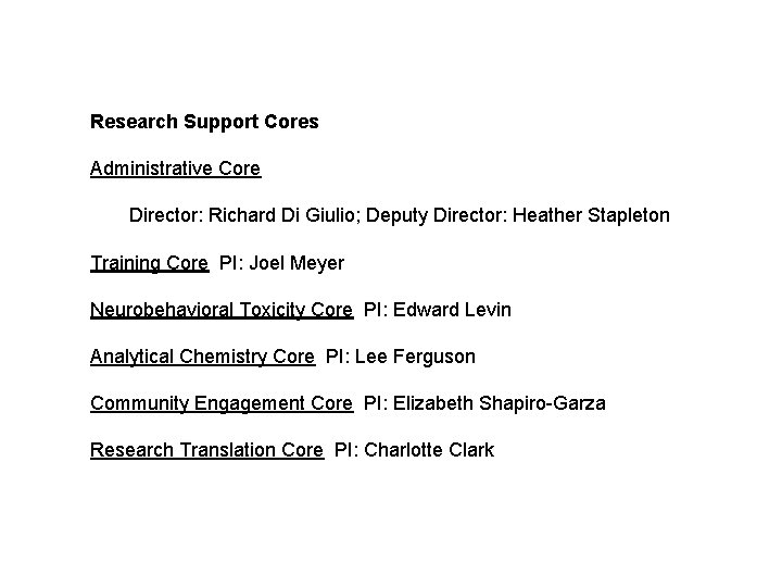 Research Support Cores Administrative Core Director: Richard Di Giulio; Deputy Director: Heather Stapleton Training