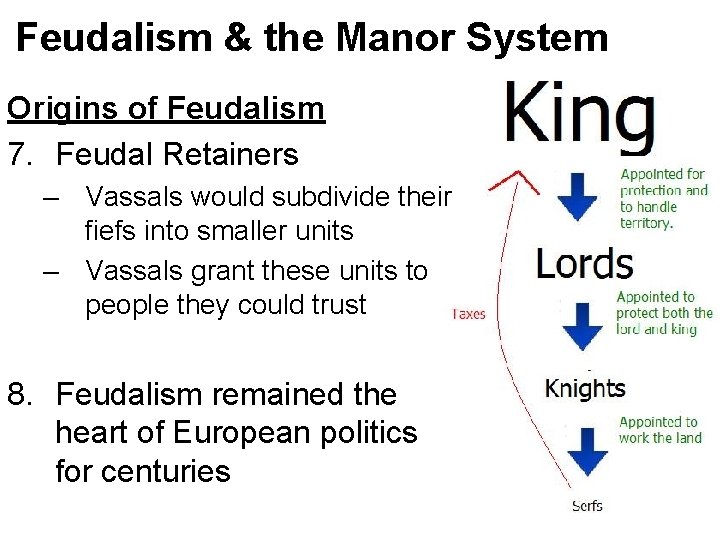 Feudalism & the Manor System Origins of Feudalism 7. Feudal Retainers – Vassals would