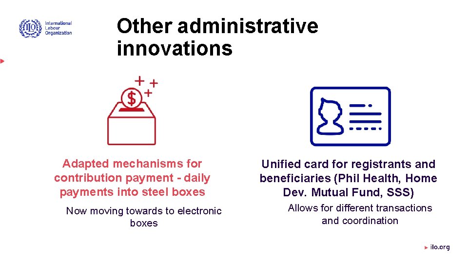 Other administrative innovations Adapted mechanisms for contribution payment - daily payments into steel boxes