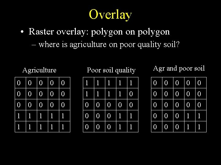 Overlay • Raster overlay: polygon on polygon – where is agriculture on poor quality Overlay • Raster overlay: polygon on polygon – where is agriculture on poor quality
