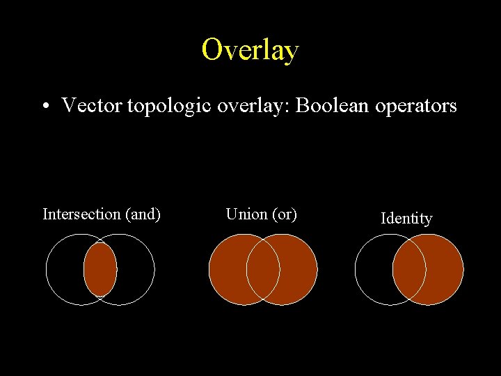 Overlay • Vector topologic overlay: Boolean operators Intersection (and) Union (or) Identity Overlay • Vector topologic overlay: Boolean operators Intersection (and) Union (or) Identity