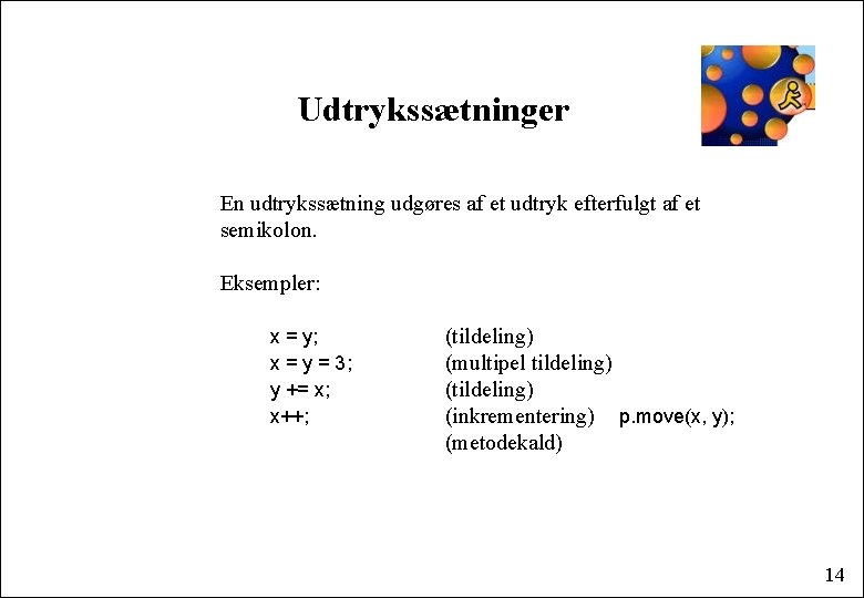 Udtrykssætninger En udtrykssætning udgøres af et udtryk efterfulgt af et semikolon. Eksempler: x =