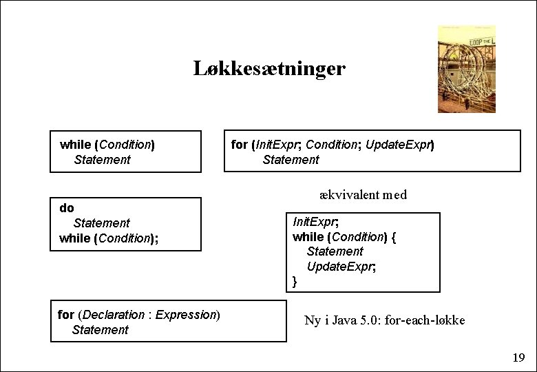 Løkkesætninger while (Condition) Statement do Statement while (Condition); for (Declaration : Expression) Statement for