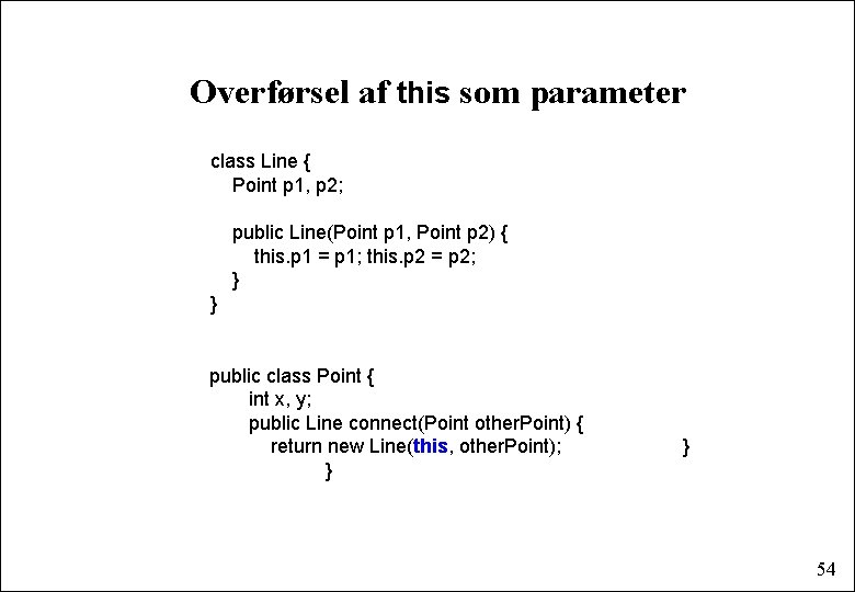 Overførsel af this som parameter class Line { Point p 1, p 2; public