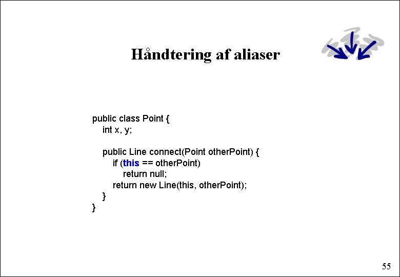 Håndtering af aliaser public class Point { int x, y; public Line connect(Point other.