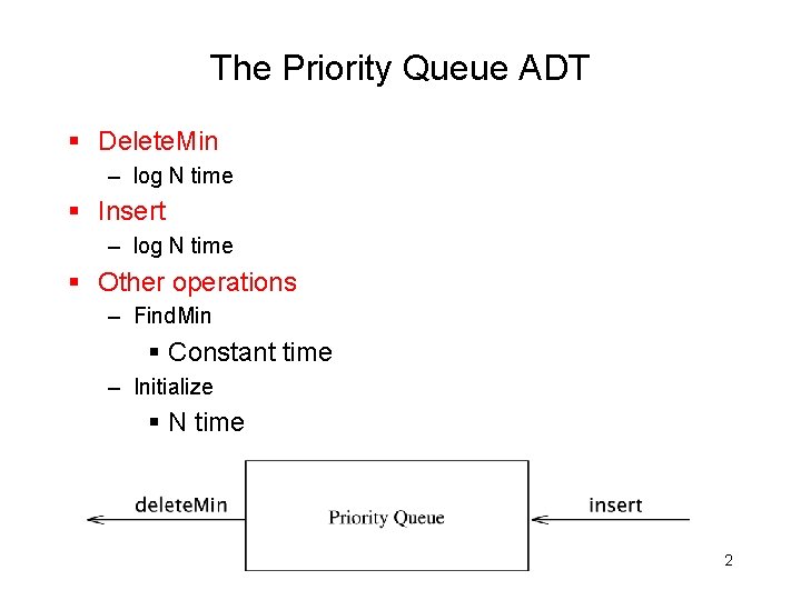 The Priority Queue ADT § Delete. Min – log N time § Insert –
