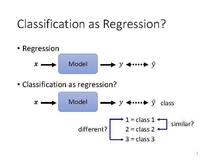 Classification as Regression? • Regression Model • Classification as regression? Model different? class 1