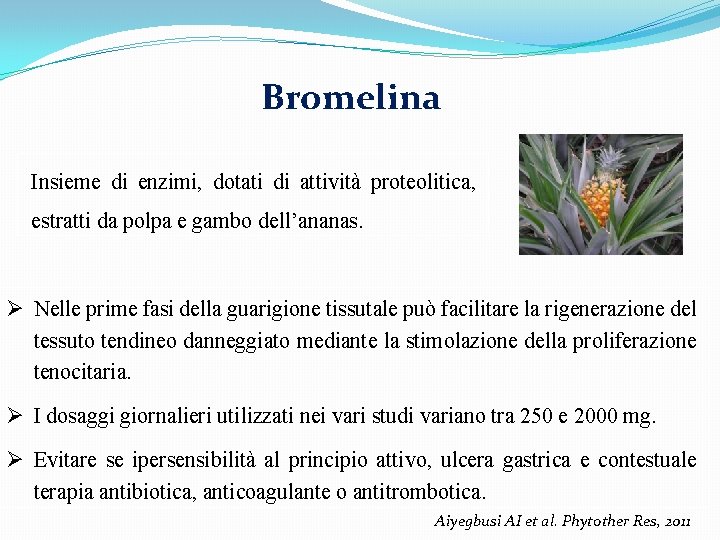 Bromelina Insieme di enzimi, dotati di attività proteolitica, estratti da polpa e gambo dell’ananas.