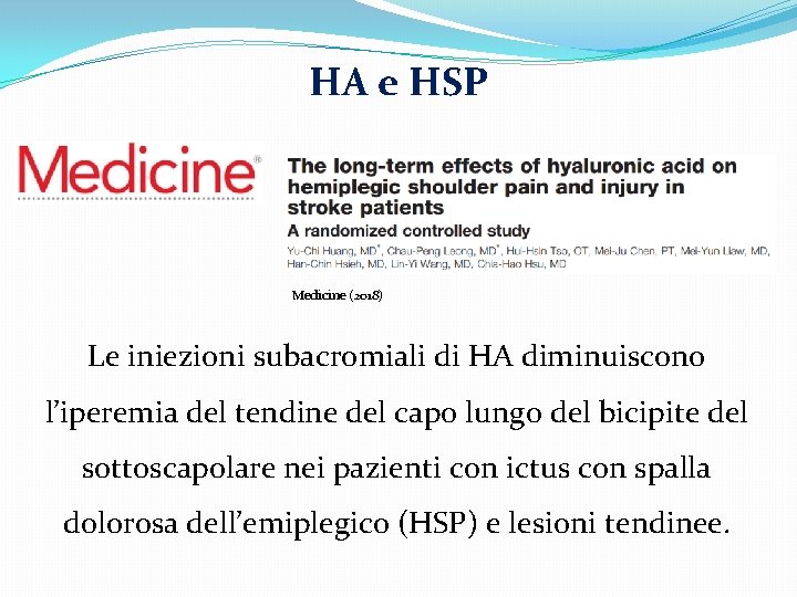 HA e HSP Medicine (2018) Le iniezioni subacromiali di HA diminuiscono l’iperemia del tendine