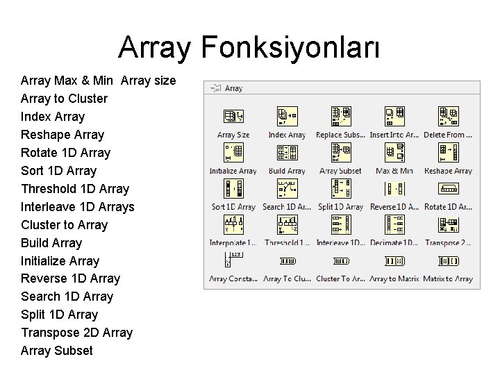 Array Fonksiyonları Array Max & Min Array size Array to Cluster Index Array Reshape