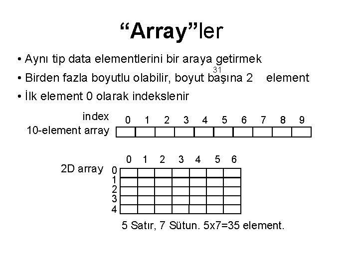 “Array”ler • Aynı tip data elementlerini bir araya getirmek 31 • Birden fazla boyutlu