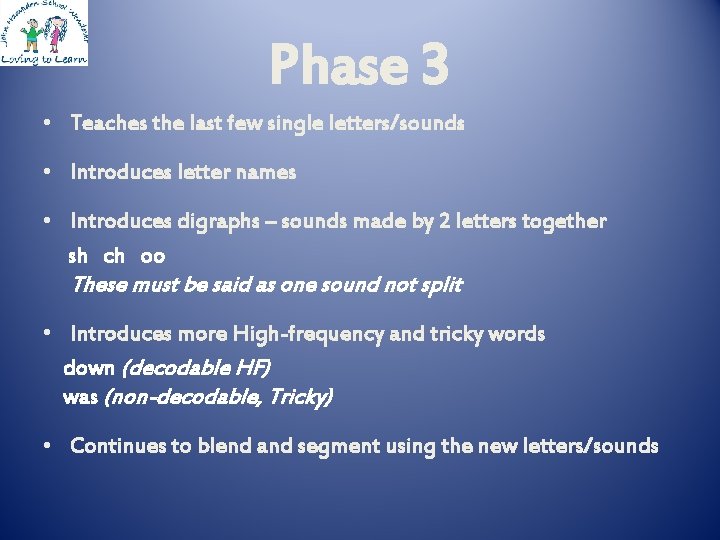 Phase 3 • Teaches the last few single letters/sounds • Introduces letter names •